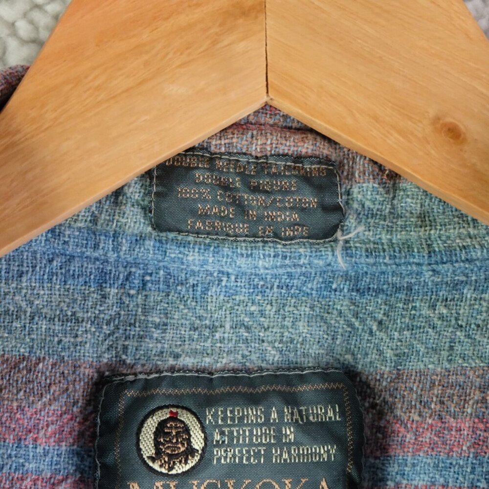 Muskoka Lakes Shirt Mens Laqrge Blue Red Striped Button Up Textured Vintage 90s - Picture 7 of 8
